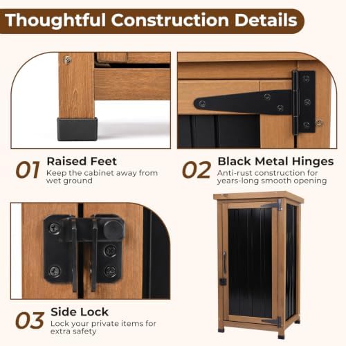 Outdoor Storage Cabinet Waterproof with Metal Top, Wooden Potting Bench Table Tool Organizer with Adjustable Shelf for Patio Backyard Garden - Image 6