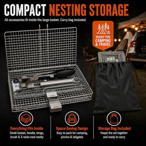 8-Piece BBQ Grill Basket Set - Stainless Steel Vegetable Grilling Basket with Detachable Handle & Lid, Portable Fish Grilling Basket & Meat Roaster, Grilling Gifts for Men Dad - Image 5