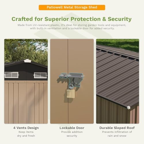 Patiowell 10x12 FT Storage Shed, Outdoor Metal Sheds, Brown - Image 4