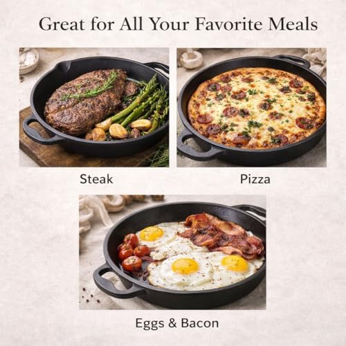 20" Cast Iron Skillet with Dual Handles, Pre-Seasoned Heavy-Duty Frying Pan for Grill, Stovetop, Oven & Campfire Cooking, Large Family-Size Pizza Pan & Outdoor Cookware (Black) - Image 5