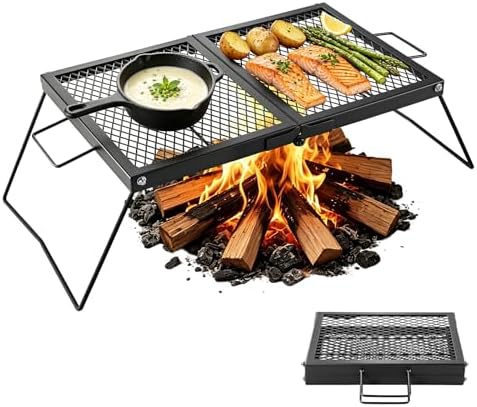 VEVOR Heavy Duty Folding Campfire Grill, 24" Portable Camping Grill Grate, Sturdy Steel Mesh, Compact Equipment Over Fire Pit, with Legs and Handle, Grilling Rack for Outdoor Open Flame Cooking, Black by VEVOR