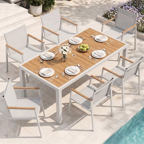 Outdoor Dining Chairs Set of 2, Aluminum Patio Armchairs, All Weather Patio Dining Furniture for Backyard, Deck, Poolside (White-Teak) - Image 2