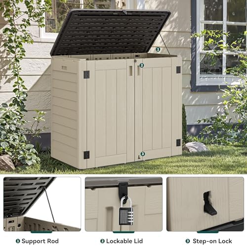 YITAHOME 30 CuFt Outdoor Storage Shed with Shelf, Horizontal Storage Cabinet for Garden Tool, Waterproof Outdoor Storage Shed for Garage, Resin Pool Storage, Easy to Assemble, Khaki & Brown - Image 3