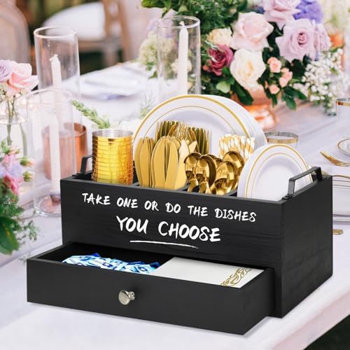 Paper Plate Dispenser with Drawer for Kitchen Countertop, Wooden Paper Plate Holder with Large Cup Holder, Rustic Wood Silverware Caddy Holder, Paper Plate Organizer Kitchen Accessories(Black-Drawer) - Image 3
