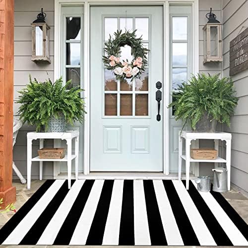 IOHOUZE 4x6 Striped Outdoor Rug, Washable Front Porch, Black/White by iOhouze