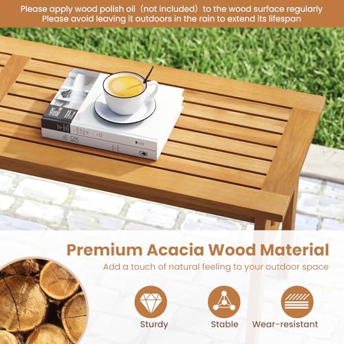 Tangkula 3 Pieces Patio Dining Set, Acacia Wood Space Saving Outdoor Rectangular Picnic Table with 1.97” Umbrella Hole and 2 Benches, for Yard, Garden and Poolside - Image 5