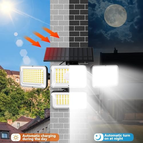 Solar Lights Outdoor Waterproof, 288 LED 2800LM Motion Sensor Outdoor Lights with Remote Control, 4 Head Solar Flood Lights Outdoor for Patio, Garage, Yard, Wall, IP65 Security Lights 2 Pack - Image 5