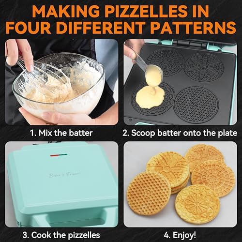 Baker’s Friend Pizzelle Maker Electric, 4 X 3.5” Pizzelle Waffle Cookies for Christmas Baking Supplies, Stroopwafel Iron, Cookie Maker Machine with Pattern, Thin Waffle Maker, Aqua - Image 4