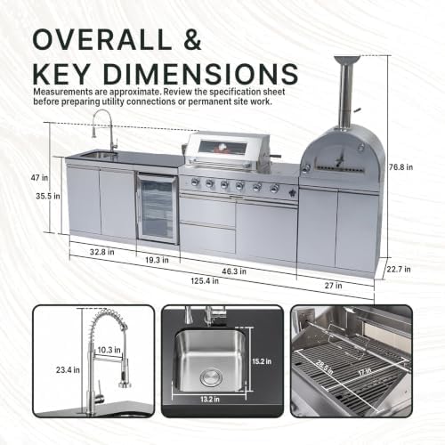 108,000 BTU Modular Outdoor Kitchen,125" Stainless Steel Natural Gas BBQ Grill with Built-In Pizza Oven,Side Burner,Rotisserie,Refrigerator,Granite Countertop,Storage Drawers & Cabinets. - Image 2