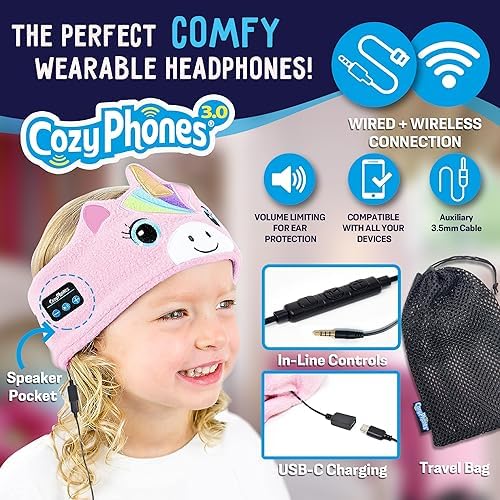 Toddler Headphones Wireless, Kids Bluetooth Earphones, Safe Volume - Wired School Headphones for Kids with 3.5 MM Jack and Travel Bag - Toddler Airplane Accessories for Boys & Girls - Pink Unicorn - Image 2