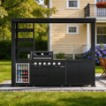 110-Inch 4-Burner 72000 BTU Propane Gas Grill Island with Shed, 304 Stainless Steel Black, Outdoor Kitchen with Wine Cooler, Rotisserie & Granite Countertops for Backyard BBQ, Black by Dvasovio