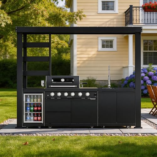 110-Inch 4-Burner 72000 BTU Propane Gas Grill Island with Shed, 304 Stainless Steel Black, Outdoor Kitchen with Wine Cooler, Rotisserie & Granite Countertops for Backyard BBQ, Black by Dvasovio