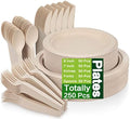 Unves 250 Pcs Compostable Paper Plates Set with Extra Long Utensils, Brown by Unves