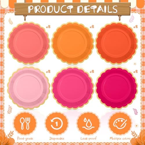 48 Pcs Pink and Orange Paper Plates 9 Inch Scalloped - Image 3