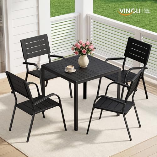 VINGLI Outdoor Patio Dining Chairs, Stackable HDPE All-Weather Arm Chairs, Weatherproof Outdoor Seating for Garden, Backyard, Poolside, Balcony,Black (2 Pack) - Image 2