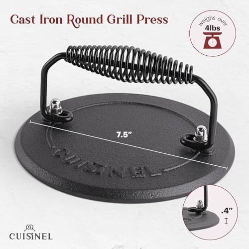 Cast Iron Skillet + Grill Press + Scraper Set - 12"-inch Pre-Seasoned Frying Pan + Silicone Handle Grip - 7" Round Burger Smasher - Indoor/Outdoor, Stove, Oven, Grill, Induction Kitchen Cookware - Image 4