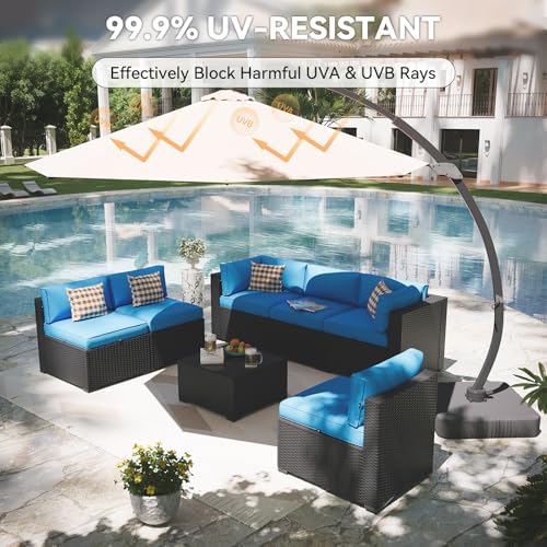 Aoxun Patio Furniture Set with Umbrella, 8 Piece Outdoor Sectional Sofas, Wicker Rattan Outdoor Furniture with Thickened Cushion for Backyard, Garden Peacock Blue - Image 3