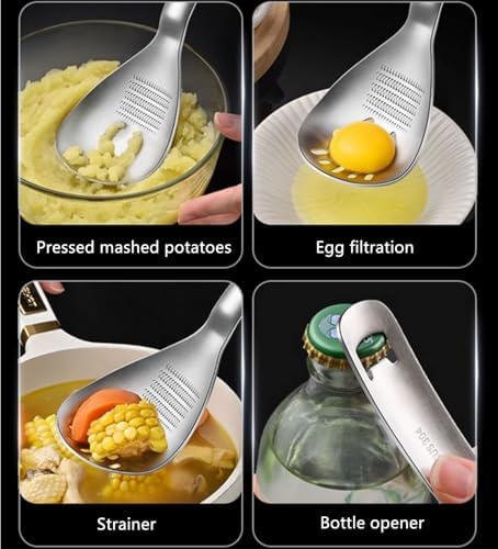 5 in 1 Egg Separator for Raw Eggs, Potato Masher Multifunction Cooking Spoon, Egg Yolk Separator, Grater Plate, Bottle Opener & Slotted Spoon 304 Stainless Steel Thickened (Cooking spoon) - Image 2