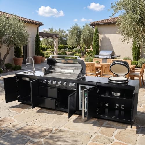 128" Outdoor Propane Gas Kitchen Island, 6-Burner Grill, Kamado & Fridge - Image 2