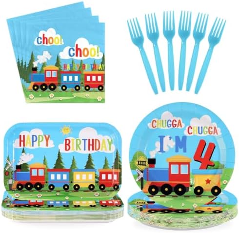 96Pcs Train 4th Birthday Party Decorations for Boys Girls, Serves 24 by Greencian