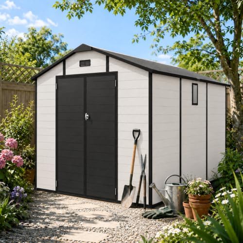 8x10 FT Plastic Outdoor Storage Shed with Lockable,Window & Floor,Beige - Image 2