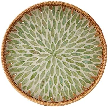 Round Rattan Tray with Mother of Pearl Inlay, Rattan Serving Tray with Wooden Base, Decorative Wicker Basket for Table Decor, Storage and Display of Coffee Bread Food Fruit (Leaf 13.5") by Kmelep