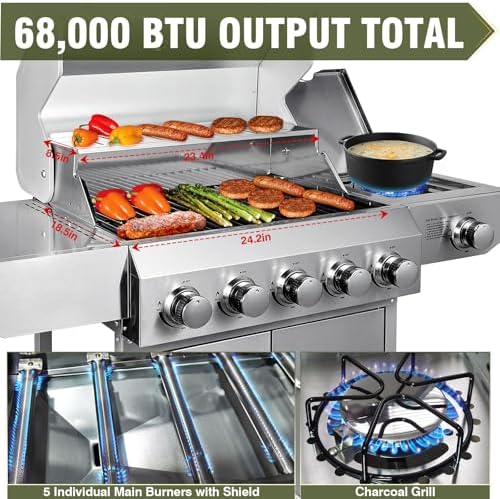 Bestfire 68,000 BTU 5 Burner Propane Gas Grill with Side Burner-Professional-Grade Stainless Steel Outdoor BBQ Grill-647 sq in Cooking Space&Porcelain Cast Iron Grrates-Patio Cart Design for Backyard - Image 3
