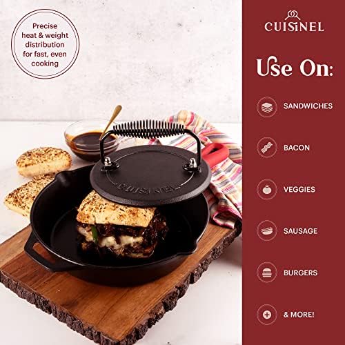 Cuisinel Cast Iron Skillet + Grill Press + Scraper Set - 10"-inch Pre-Seasoned Frying Pan + Silicone Handle Grip - 7" Round Burger Smasher - Indoor/Outdoor, Grill, Kitchen Cookware. PFAS and PFOA-free - Image 2