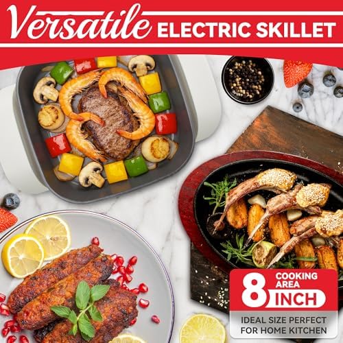 SugarWhisk 8-inch Ceramic Coated Electric Skillet with Lid, Non Stick Skillet Griddle Pan Electric, Rapid Heat Up, 650W, Breakfast Skillet, Kitchen Appliances for Cooking, White - Image 3