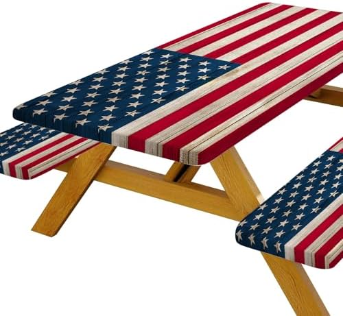 American Flag Picnic Table Cover with Bench Covers, Waterproof Windproof Oilproof, Camping Essentials, Fitted Tablecloth Cover with Elastic Edge, for Indoor & Outdoor, Garden, 3 Pieces Set, 30x96 Inch - Image 2