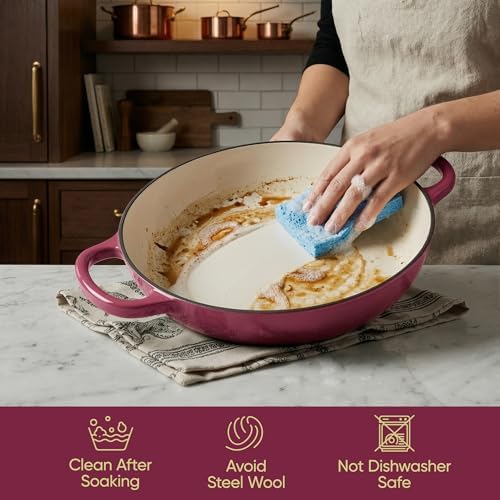 3 Quart Enameled Cast Iron Braiser, Non Stick Enameled Cast Iron Skillet with Lid, Dutch Oven Skillet with lid up to 500°F for Oven, Stove, Grill, Shallow Dutch Oven for Cook, Bake (Rose) - Image 6
