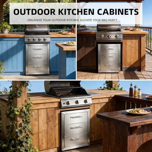 Outdoor Kitchen Drawers 18" x 20.5" x 20.5" Stainless Steel Triple Drawer Cabinet with Handles, Flush Mount Modular Storage for BBQ Islands & Patios - Image 3