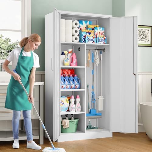 Wide & Deep Metal Storage Cabinet with Hanging Rod,White Broom Closet Storage Cabinet with Lock,72" Tall Wardrobe Cabinets with Doors and Shelves,Locking Steel Tool Cabinets for Home,Office,Garage - Image 2