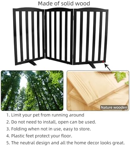 Freestanding Dog Gate Indoor,Doggie Gate Foldable Pet Gates for Doorways,Stairs or Hallways, Wooden Black Pet Gate for the House, Pet Fence with Support Feet Included,32 "Height-3 Panels - Image 6
