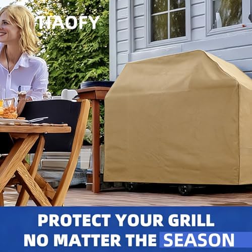 BBQ Gas Grill Cover for Outdoor, Anti-UV, Rip-Proof, 600D Oxford Fade Resistant Material, Barbecue Cover with Hook and Loop Straps & Adjustable Hem Drawstring (Beige, 65”x24”x44”) - Image 5