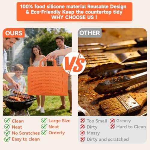 LIONROGE Large Silicone Grill Mat, Foldable Silicone Griddle Tools Spatula Mat with Drip Pad & Handle & Snap Buttons, Portable BBQ Side Shelf Mats Grill Pad for Blackstone Griddles Accessories,Orange - Image 3