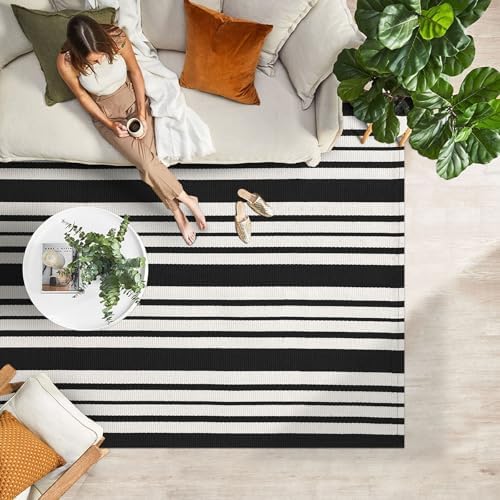 IOHOUZE 4x6 Striped Outdoor Rug, Washable Front Porch, Black White - Image 3