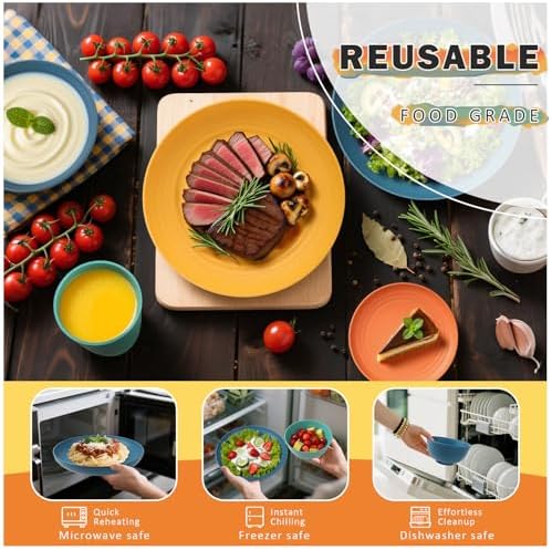 Wheat Straw Dinnerware Sets, Plates and Bowls Sets Unbreakable & Microwave Safe - 32 Piece Service for 8 Dinner Plate Dessert Plate Cereal Bowl Cup for Kitchen & Outdoor - Multi - Image 6