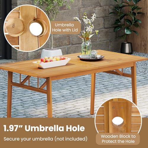 Tangkula 3 Pieces Patio Dining Set, Acacia Wood Space Saving Outdoor Rectangular Picnic Table with 1.97” Umbrella Hole and 2 Benches, for Yard, Garden and Poolside - Image 3