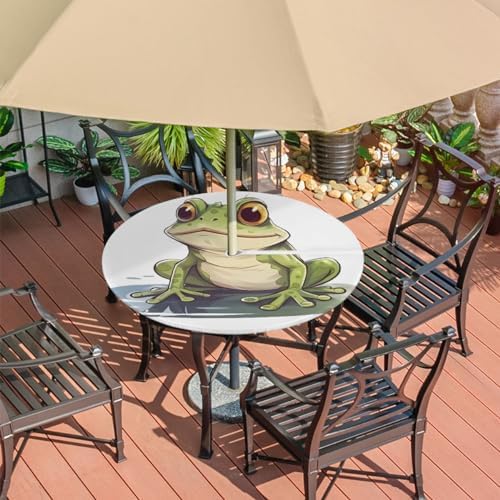 Fitted Round Tablecloth with Umbrella Hole and Zipper Frog Outdoor Elastic Table Cloth 36"-44" Oil-Proof Waterproof Green Frog Patio Table Cover for Picnic Party - Image 7