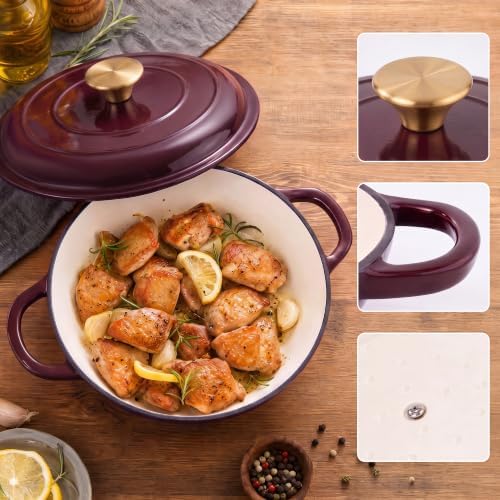 Dutch Oven Enameled Cast Iron with Lid - Big Dual Handles - Oven Safe up to 500°F - Classic Round Pot for Versatile Cooking 3 QT Shallow Pot Fig - Image 3