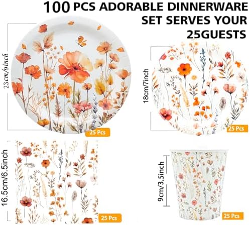 100Pcs Wildflower Party Supplies Spring Floral Wedding Birthday Decoration Include Wildflower Plates Napkins and Cups for Spring Summer Picnic Wedding Baby Shower Tea Party Decor,Serve 25 (Yellow) - Image 2