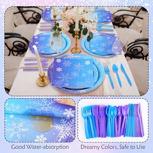 Kochorie 175 Pieces Frozen Iridescent Winter Snowflake birthday Party Supplies Frozen Disposable Party Tableware Set Paper Plates Napkins Cups for Christmas Winter Wonderland Decorations, Serve 25 - Image 3