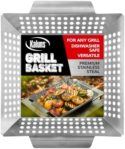 Kaluns Heavy Duty Stainless Steel Vegetable Grill Basket, Rectangular, Silver, Dishwasher Safe Grills and Vegetables by Kaluns%C2%AE