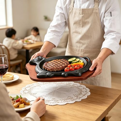 Cast Iron Steak Plate Sizzle Griddle Skillet with Wooden Base (8.6" x 5.9" Inch) - Image 5