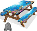 Ocean Animals Picnic Table Cover with Bench Covers, Camping Essentials, Underwater Sea Turtles Waterproof Windproof, Fitted Tablecloth Cover with Elastic Edge, for Garden & Outdoor, 3 PCS, 30x96 Inch by Xguatan
