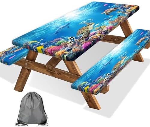 Ocean Animals Picnic Table Cover with Bench Covers, Camping Essentials, Underwater Sea Turtles Waterproof Windproof, Fitted Tablecloth Cover with Elastic Edge, for Garden & Outdoor, 3 PCS, 30x60 Inch by Xguatan
