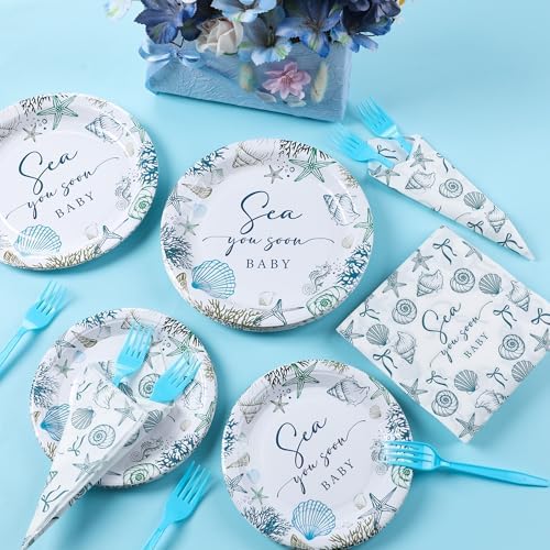 Sea You Soon Baby Shower Party Decorations Under The Sea Party Supplies Ocean Sea Animal Disposable Plates Plates Napkins Fork Seaside Seashell Tableware Set for Summer Birthday Supplies, Serves 25 - Image 6