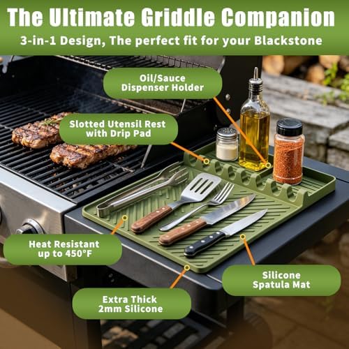 Silicone Griddle Tools Mat for Blackstone Weber, Extra Large 16" x 11.6" Spatula Mat with Drip Pad, Heat Resistant BBQ Accessories Organizer for Outdoor Grill Side Shelf, BBQ Gifts for Men - Image 2