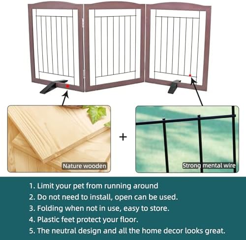 ZJSF Freestanding Dog Fence Indoor, Foldable Dog Gate for Doorways, Stairs or Hallways, Sturdy Wood Extra Wide Pet Gate with Support Feet for The House, Brown, 24 "Height-3 Panels - Image 6